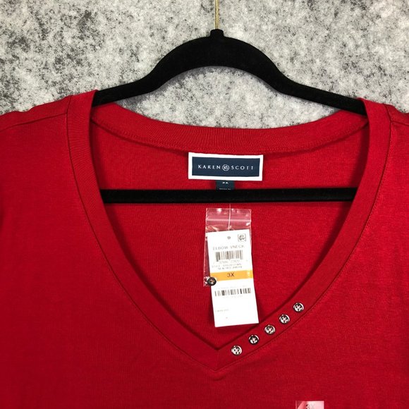Karen Scott Top Size 0X Women Elbow Short Sleeve V Neck Solid Red Button Accent - Picture 2 of 10
